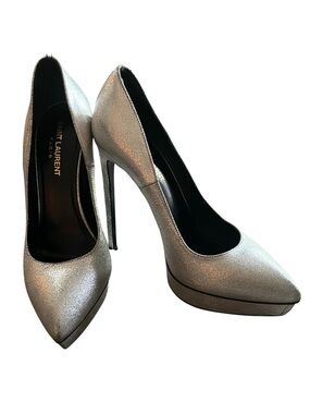 Saint Laurent Metallic Silver Pointed Pump with Platform